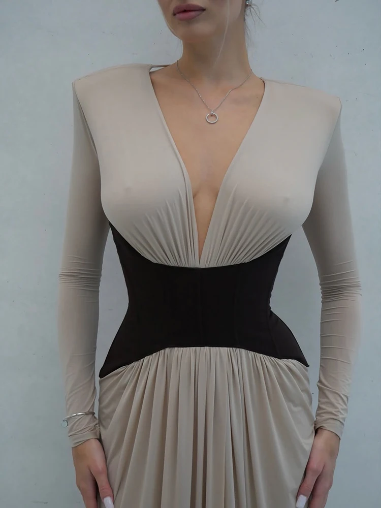 Articat Elegant Long Sleeve Patchwork Bodycon Party Club Evening Dress Women Sexy Deep V Slim Formal Dress Wedding Dress 2026