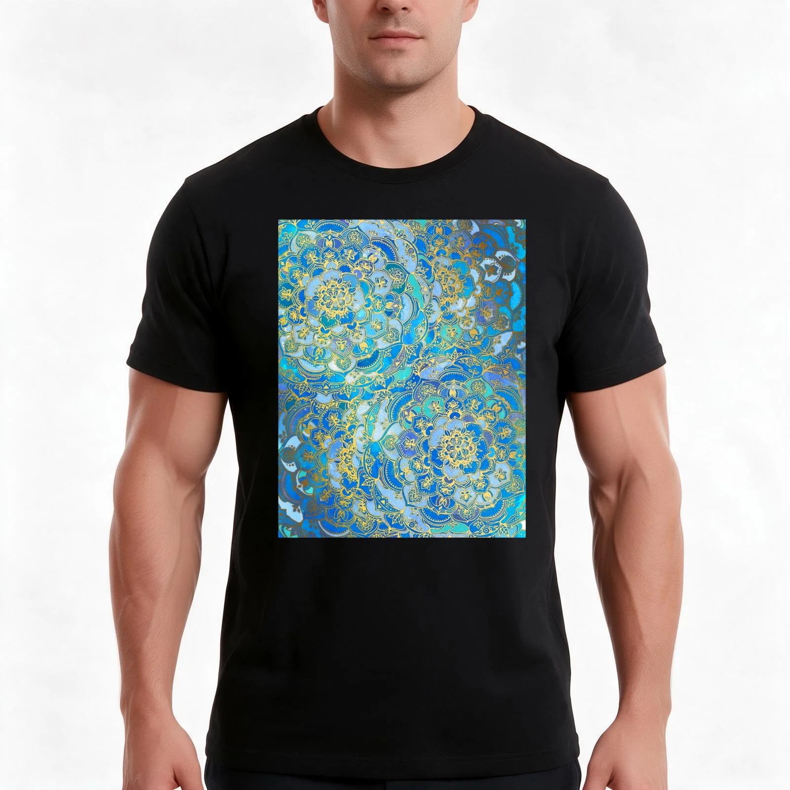 Blue Sapphire Mandalas (Customer Request) T-Shirt Summer Casual Cotton Tee Oversized Streetwear Tops Vintage Graphic Print