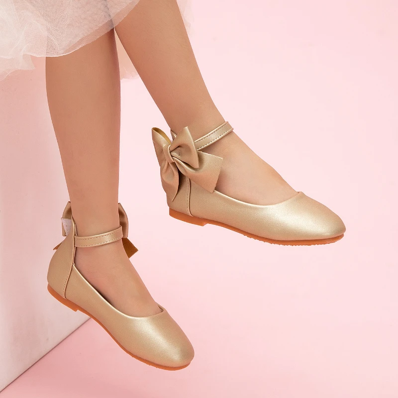 JGSHOWKITO Little Girls Flat Shoes Gold Bowknot Children's Leather Shoes for Ballet Perform Non-slip Kids Princess Dress Shoes
