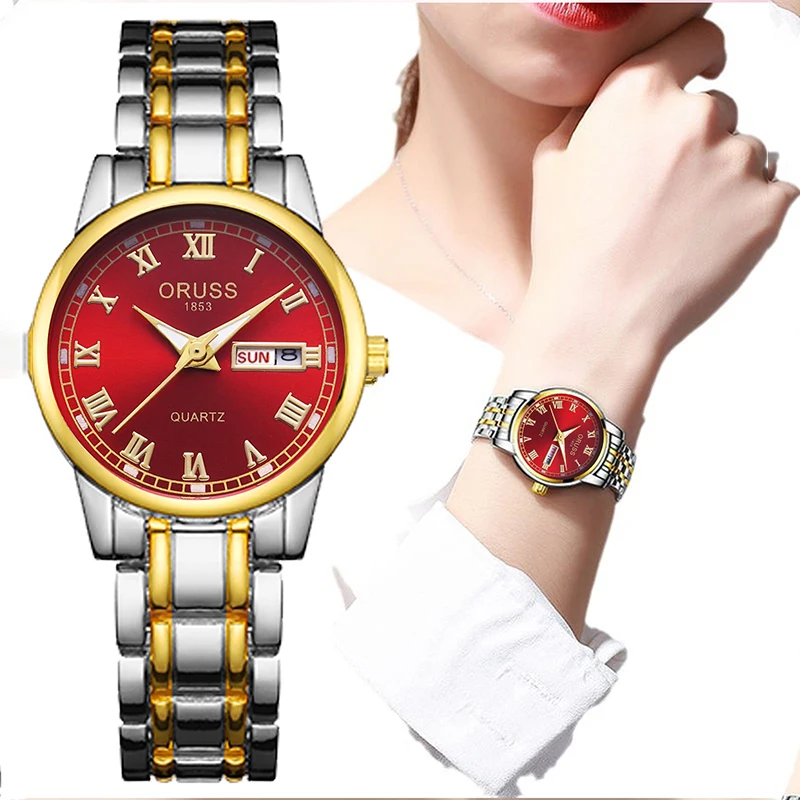 ORUSS Hot Brand New Quartz Watch Roman Numeral Dial Stainless Steel  Watchband Brief Lovers Watch Waterproof Men's Women's Watch