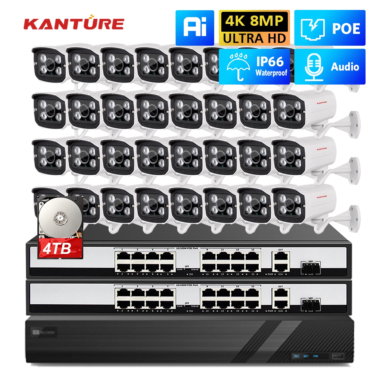 

KANTURE 32CH CCTV NVR System 4K Ultra HD POE Security Camera System 8MP Audio Waterproof Outdoor 30M Night Vision Camera Kit