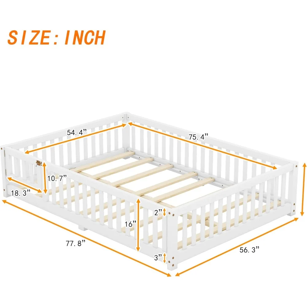 Full Size Floor Bed with Slats and Center Support Bar, Montessori Floor Bed with Fence and Door, Kids Montessori Bed Full Size,