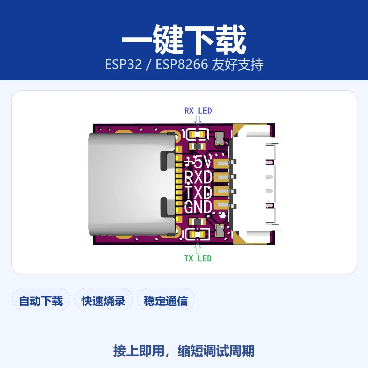 Mini USB to Serial TypeC ESP32/8266 One Click Download and Send/receive Instructions