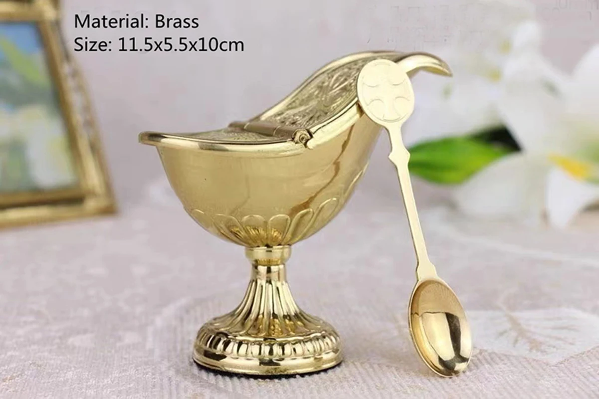 Catholic Incense Burner Boat, High Polished Brass with Spoon, Religious