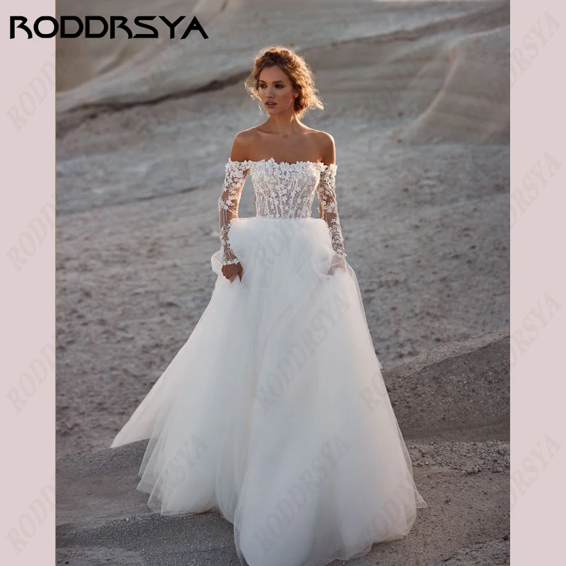 RODDRSYA ślub księżniczki sukienka damska elegancka suknia ślubna z odkrytymi ramionami romansowa tiulowa szata z tyłu Mariage Femmeślub księżniczki sukienka damska elegancka suknia ślubna z odkrytymi ramionami romanso