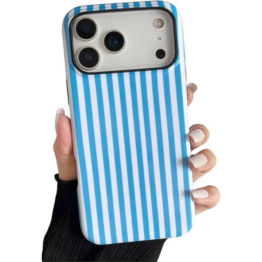 حافظة هاتف مخططة جمالية لطيفة للنساء والفتيات متوافقة مع هاتف iPhone 17 Pro المقاوم للصدمات من مادة TPU وغطاء حماية صلب للكمبيوتر الشخصي