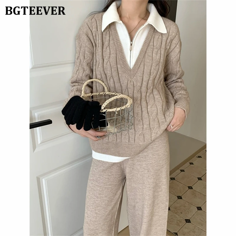 BGTEEVER Autumn Winter Warm Loose Women Knitted 2 Pieces Set Long Sleeve Patchwork Sweaters & Wide Leg Pants Female Tracksuits