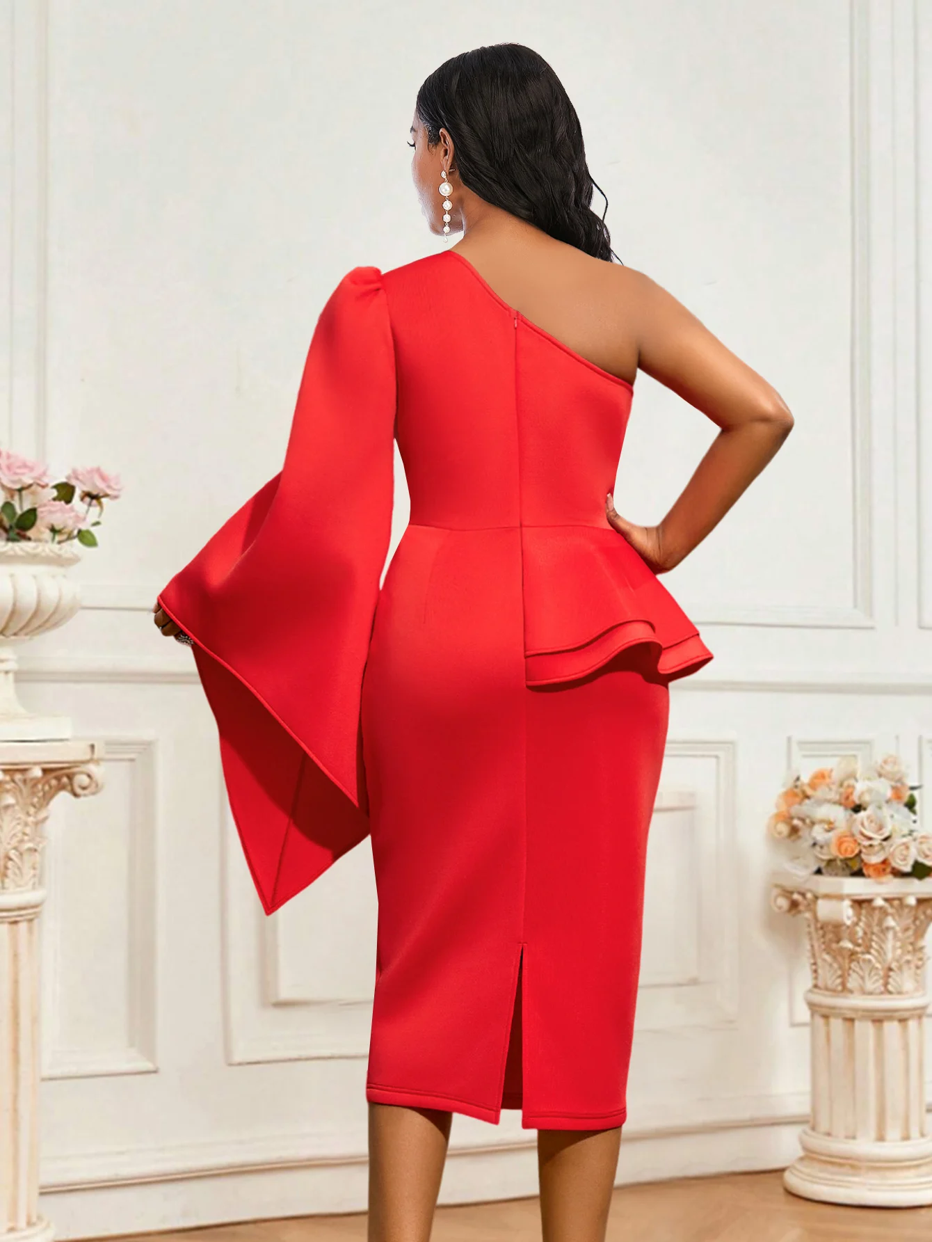 Elegancka damska czerwona suknia z peplum Bodycon Christmas Party Sexy One Shoulder Ruffle Hem Package Hip Gown Formal Wedding Birthday Event Robe