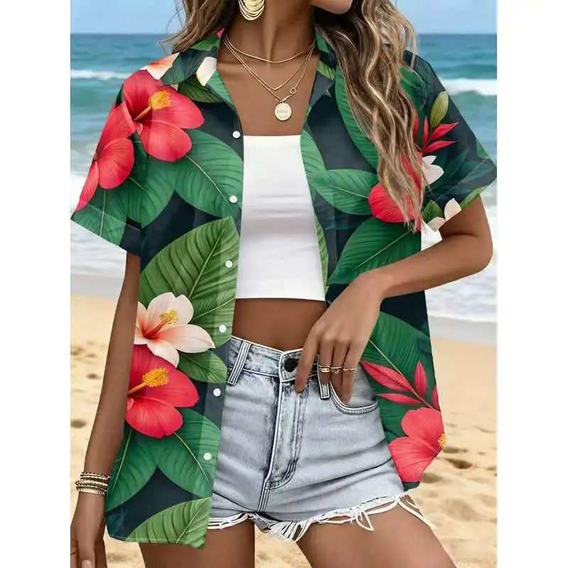 Women's Casual Short Sleeve Shirt Hibiscus Jasmine Overlap Lush Green Foliage Tropical Pattern Fashion Button-Up Top Machine Was