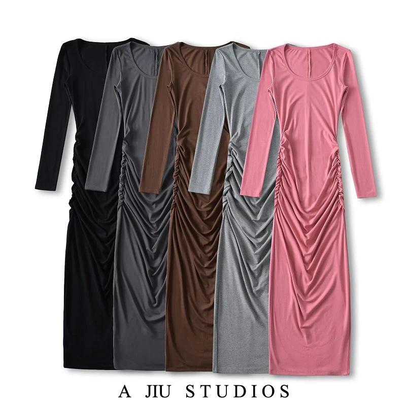 

Ele Long Sve U-Ne Slimming Pleated Waist Cinching Dr Women's Ba Split Bodycon Gown Pure Desire Sle Long Dr