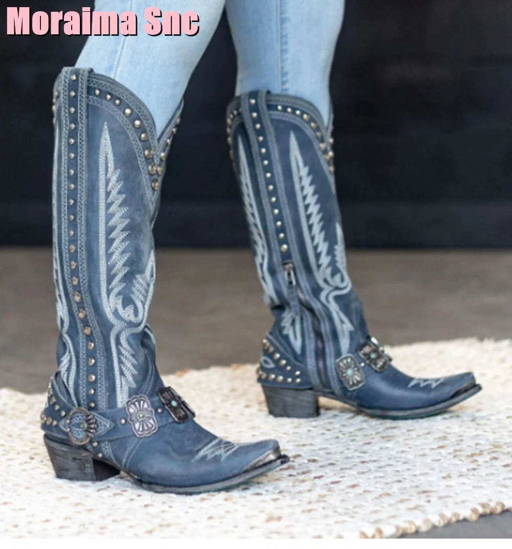 Vintage Belt Buckle Embroidery Cowboy Boots Rivet Knee High Block Mid Heel Brown Solid Women Shoes Boots Fashion Side Zipper New