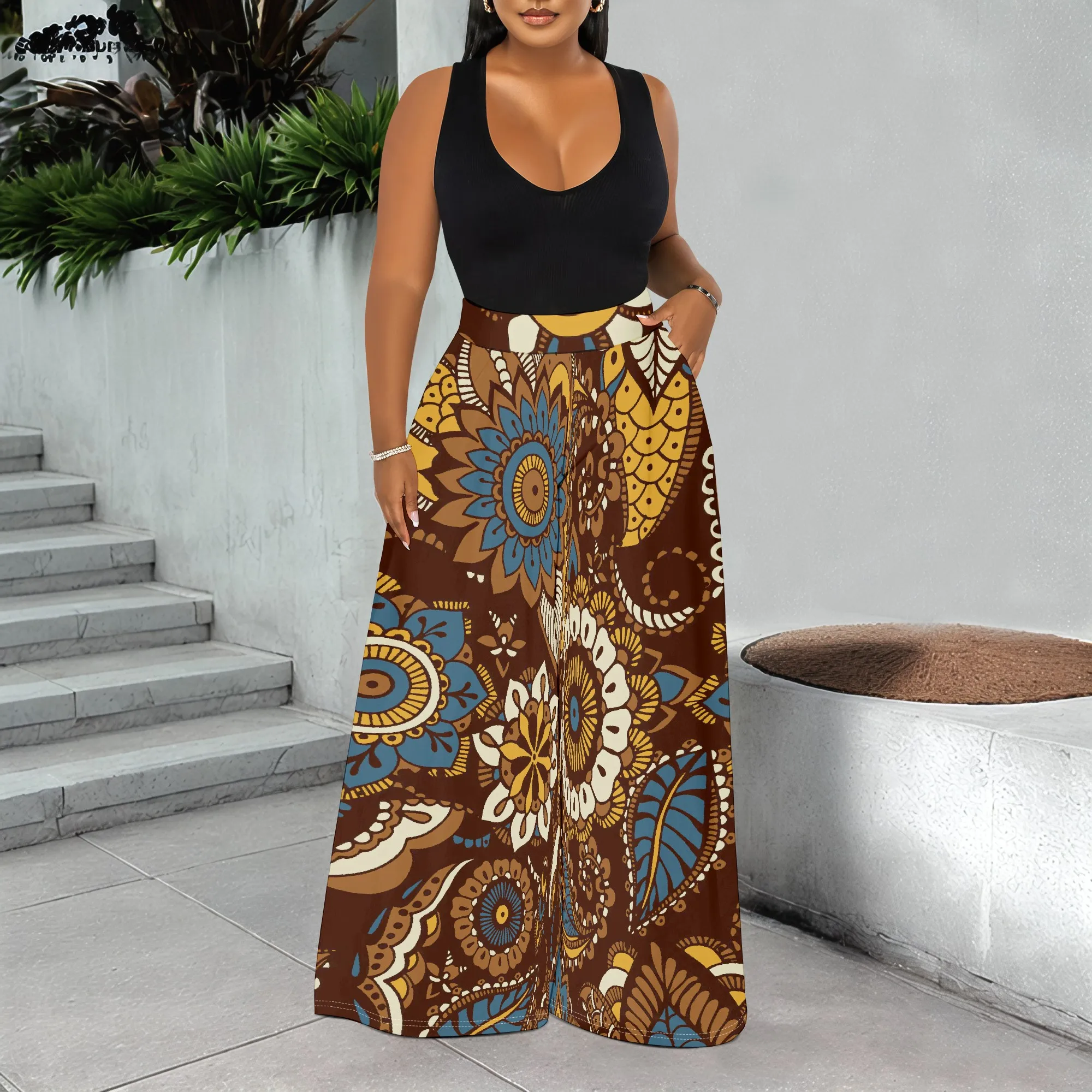 เสื้อแจ็คเก็ตกันลมสีดำ กางเกงแฟชั่นพิมพ์ลายสไตล์เรโทรสำหรับผู้หญิง ฤดูใบไม้ผลิและฤดูใบไม้ร่วง กางเกงลำลองใส่สบายๆ อยู่บ้าน