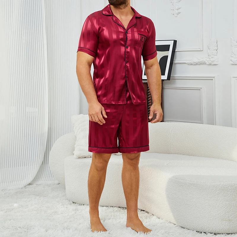 Men Stripe Print Satin Short Sleeve Pajama Set Summer Sleepwear for Man Button-Down Shirt & Elastic Waist Shorts Pajamas 2 Piece