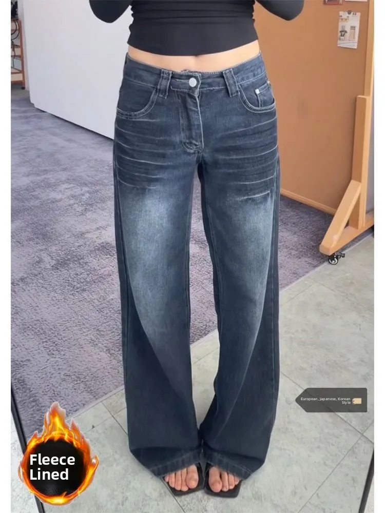 

Ретро американские маленькие размеры темно-синие облегающие широкие джинсовые джинсы женские осенне-зимние новые прямые брюки Fce