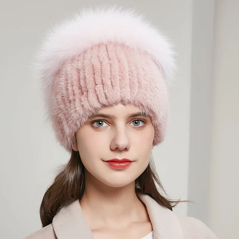 Genuine fox fur hat, hot-selling in foreign trade, mink knitted hat, keeps you warm in winter, stylish with rhinestones, elastic