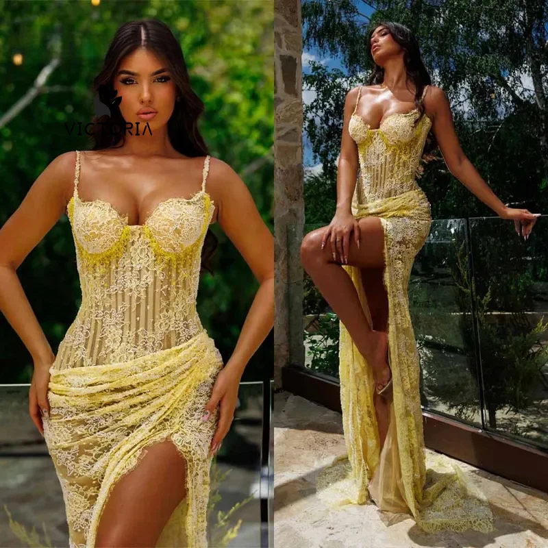 Trendy Prom Dress with Slit Spaghetti Straps Mermaid Lace Appliques Evening Gowns Vestido De Formatura Customized
