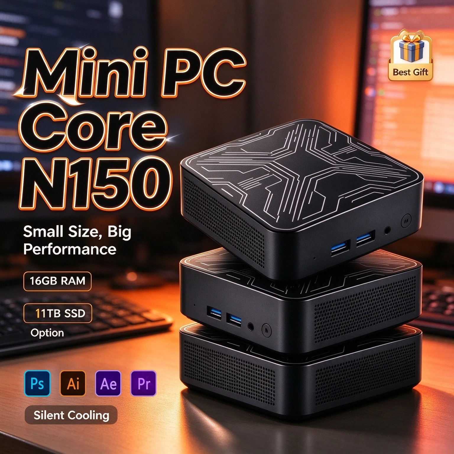 Mini PC Intel Core N150 2026, 16GB RAM, 1TB NVMe SSD, Triplo HDMI 4K UHD, WiFi6, BT5.2, Silencioso, Sem Ventoinha, Para Escritório e Casa, Desktop Pro Core
