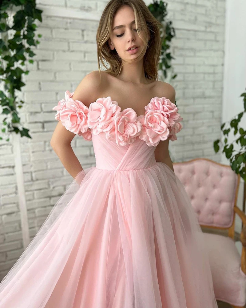 Pink Princess Wedding Dress 3D Flowers Soft Tulle Bridal Dress Side Split  Wedding Gowns Floor Length Party Dress