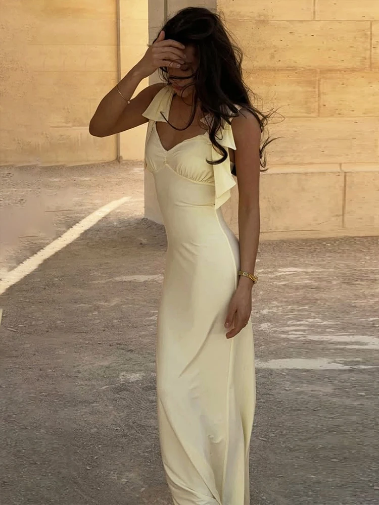 Whatiwear Y2K Solid Elegant Maxi Dress Women Lace-Up Ruched Low-Neck Backless Sleeveless Midnight Prom Party Hipster Vestidos