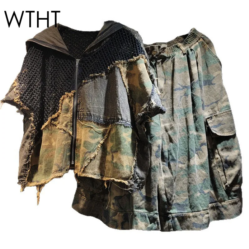 WTHT Trendy Women's Camouflage Spliced Mesh Short Sleeves Zipper Hoodies High Waist Loose Shorts Female 2025 Summer 1LS1983