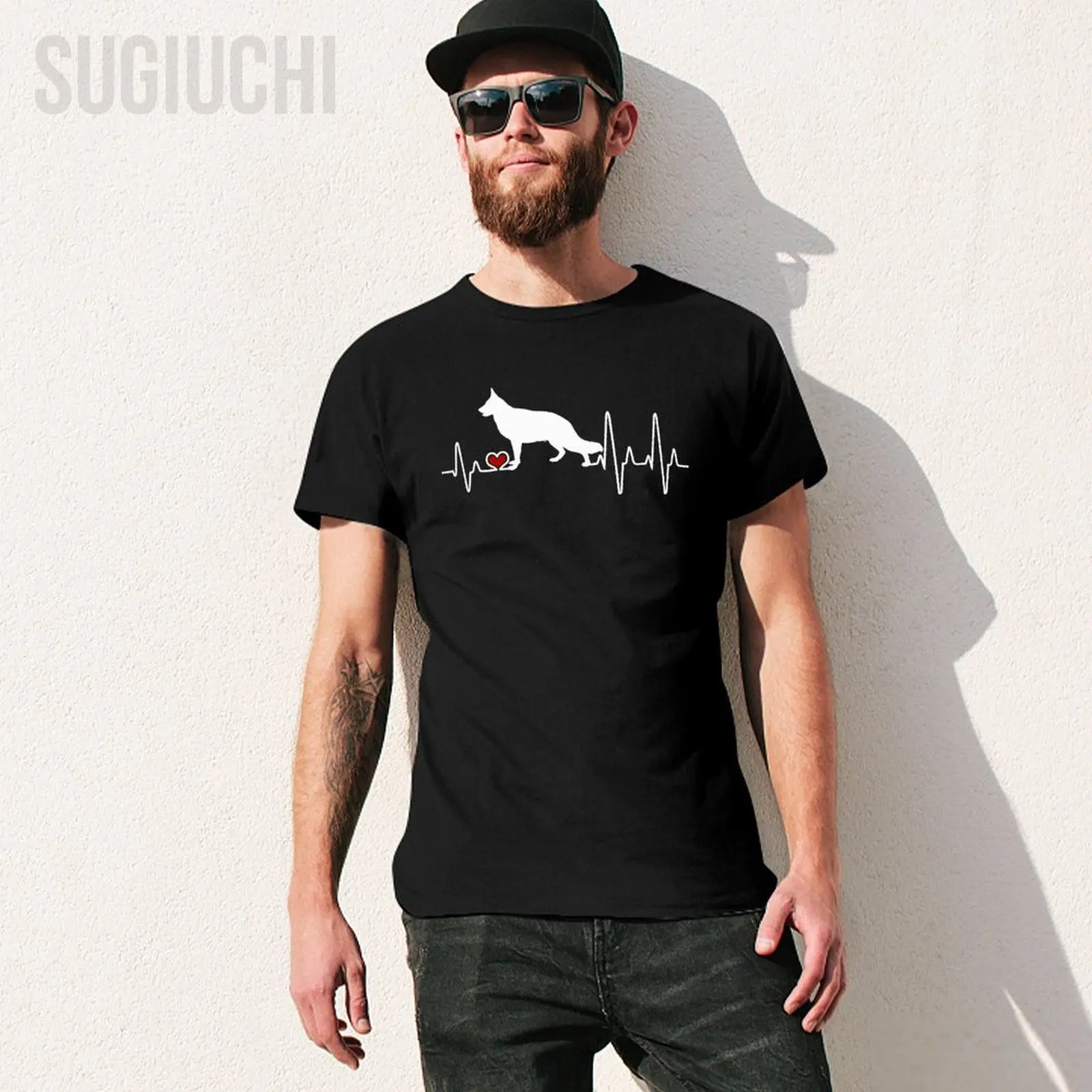 Men German Shepherd Dog Heartbeat Pulse Tshirt Tees O-neck T Shirts Women Boys 100% Cotton Short T-Shirt Unisex All Seasons