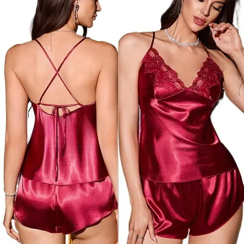 Sexy Lace Lingerie Suspender Pajamas Set Sleepwear Summer New Women's Sleepwear Shorts Pijamas Suit Silky Satin Homewear