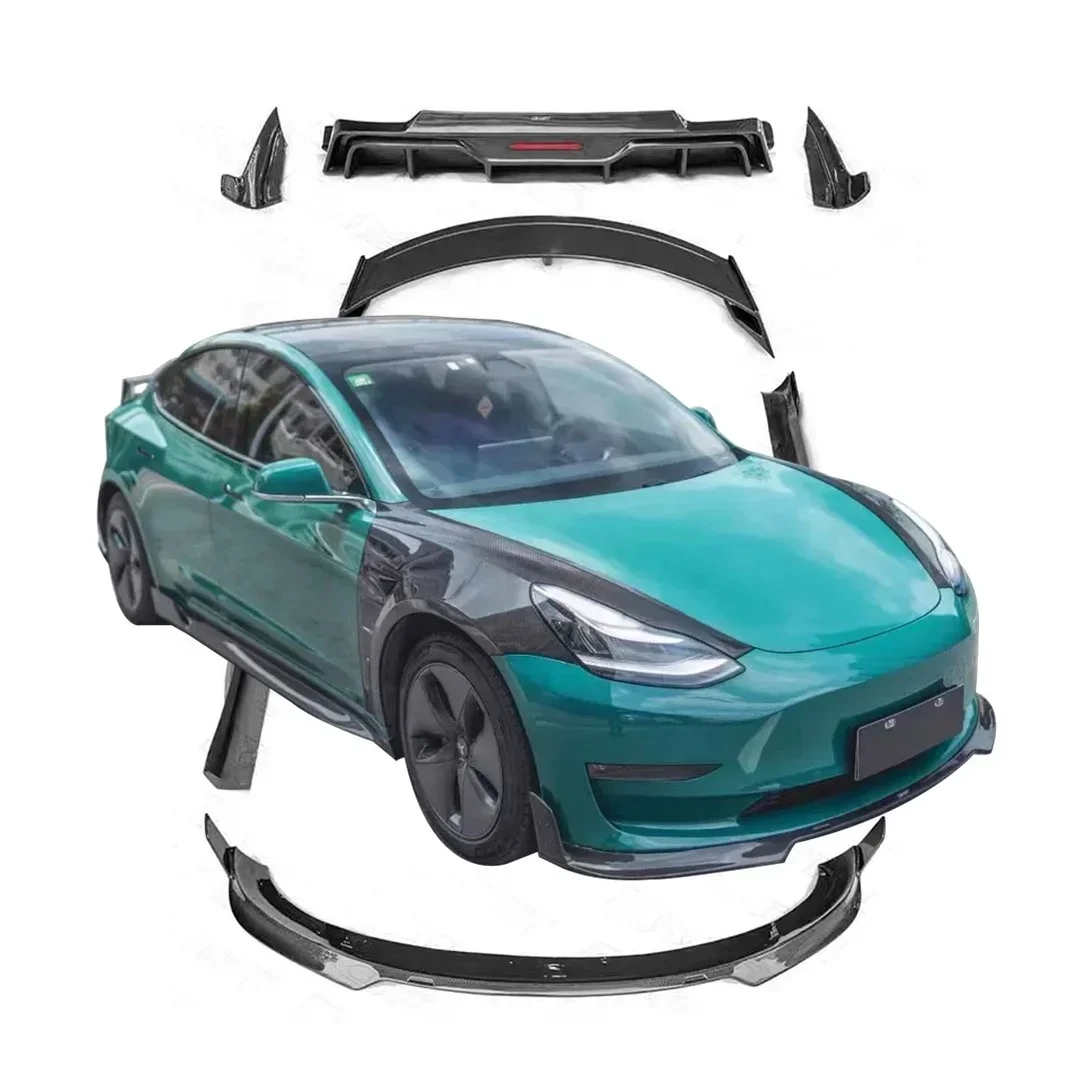 ألياف الكربون نموذج 3 اكسسوارات المصد الأمامي الناشر الخلفي الجانب تنورة الحاجز الخلفي الجناح طقم الجسم ل TSLA نموذج 3