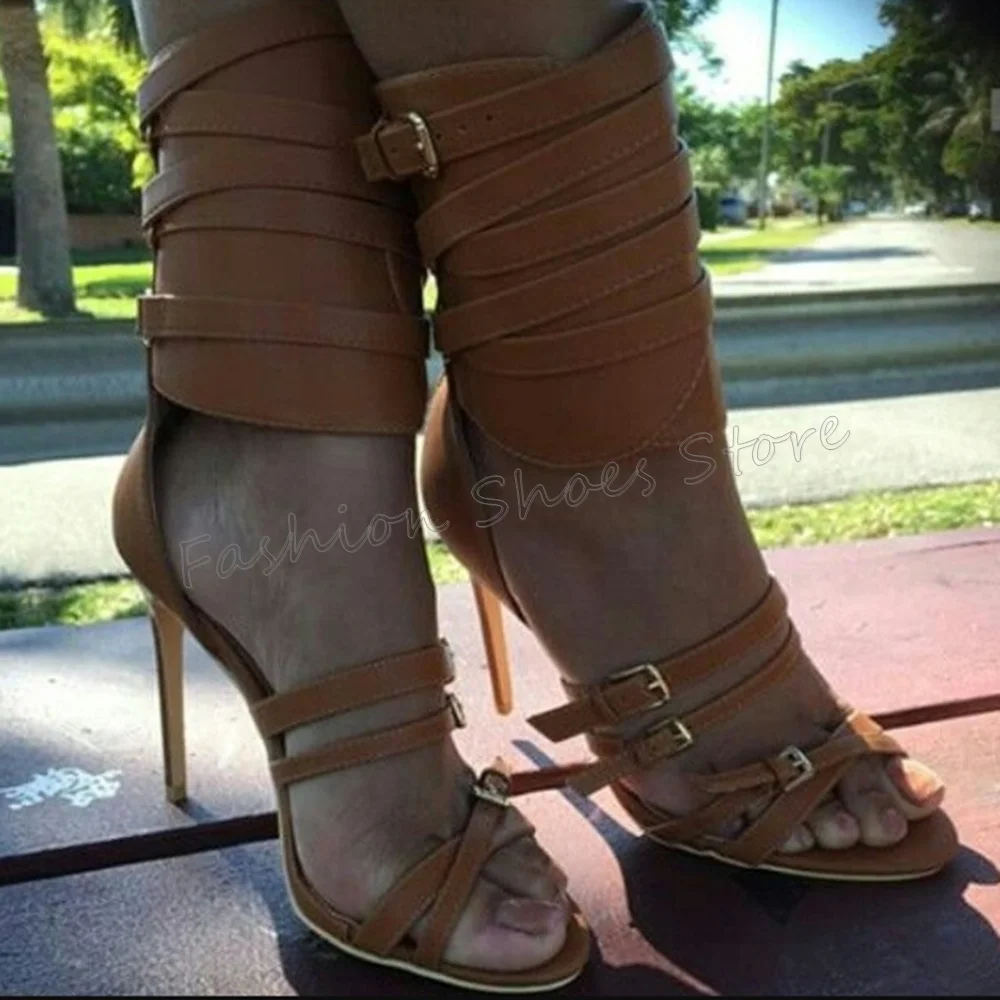 

Brown Buckle Decor Back Zipper Sandals Matte Leather High Heels High Heel Shoes for Women Heels 2025 New Zapatos Para Mujere