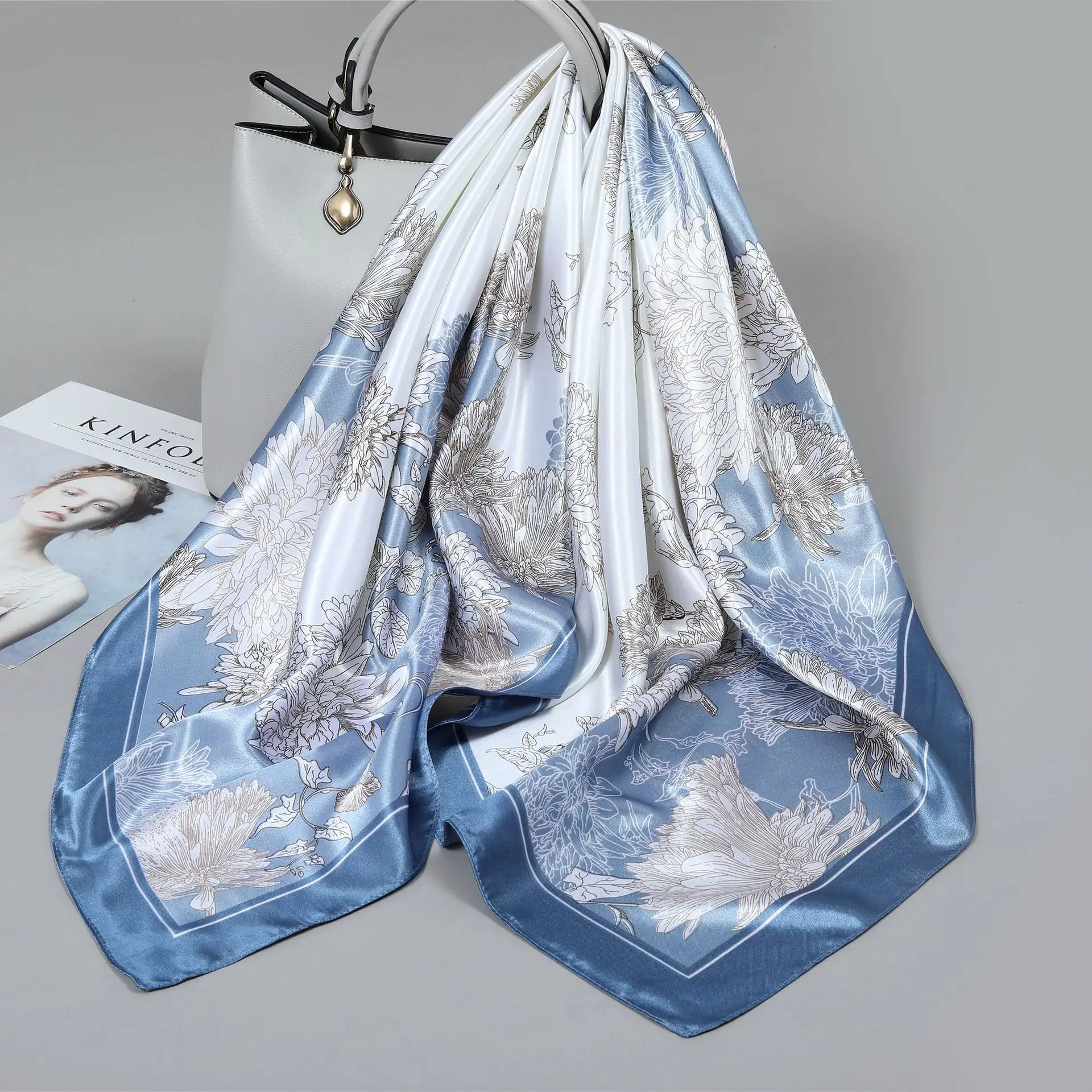 

90*90cm Elegant Floral Printed Square Scarf Hijab Women Luxury Stain Silk Hair Wraps Muslim Fashion Foulard Shawl Neckerchief