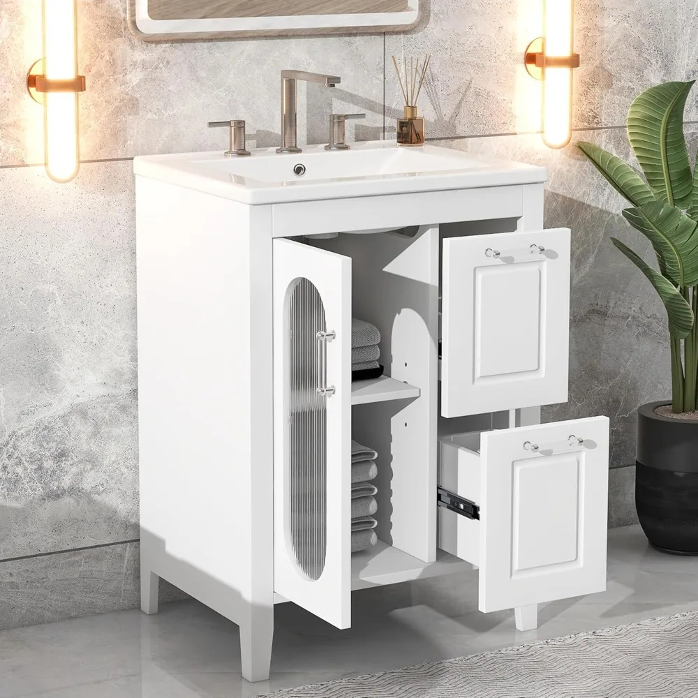 24 in Bathroom Vanity with Sink,2 Drawers,Glass Door and Adjustable Shelf,Wood Small Single Bathroom Vanity Sink Cabinet