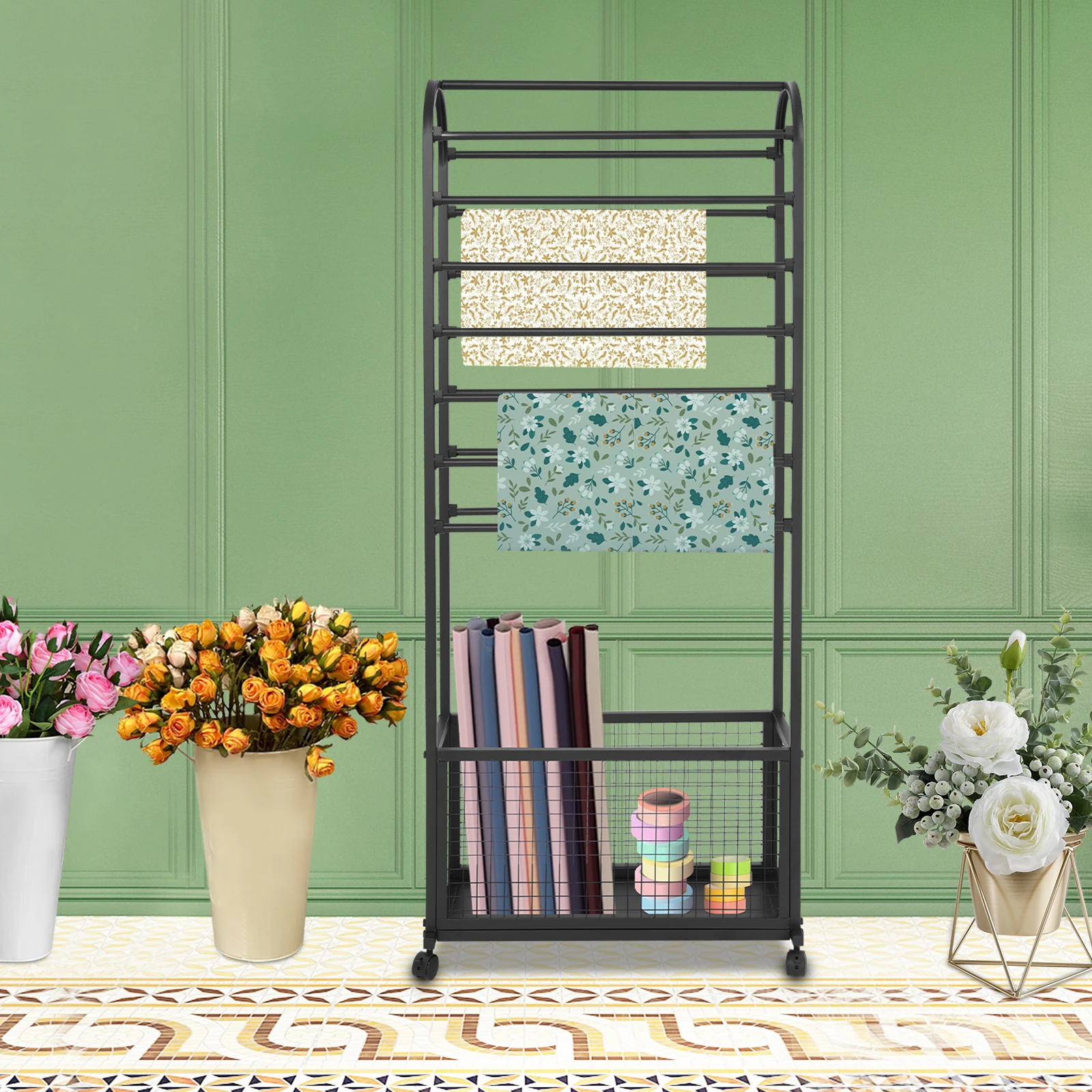 15 Rods Ribbon Holder Rack, Multifunctional Flower Wrapping Paper Rack with Storage Basket Iron Ribbon Holder for Flower Shop, Craft Room(Black)