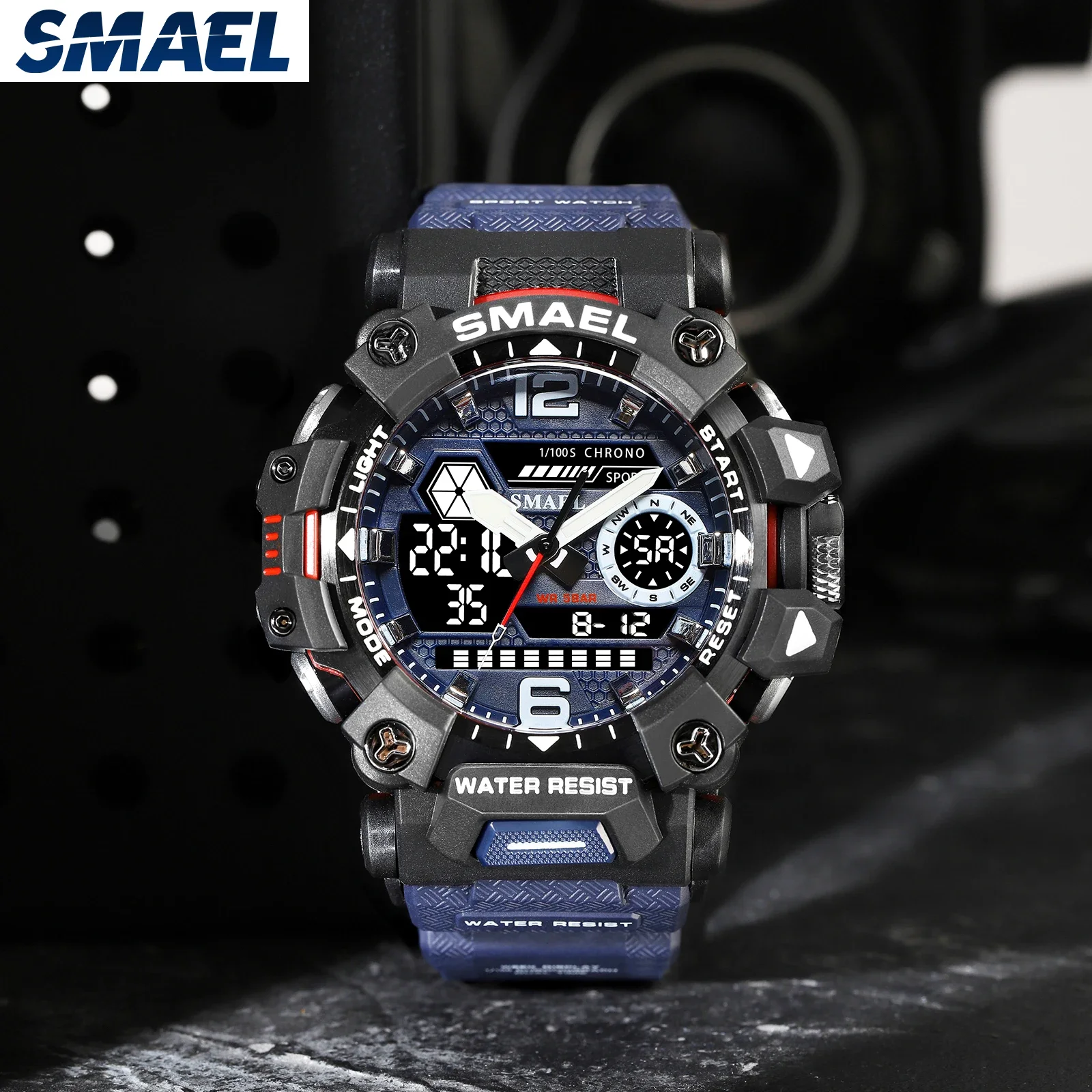 SMAEL 8072 Alloy Military Style Watch Night Glow Waterproof Dual Display Quartz Electronic Watch Outdoor Tactical Men\'s