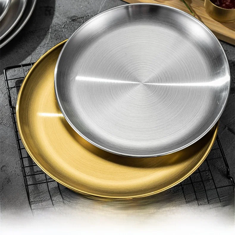 

Корейская круглая тарелка из нержавеющей стали с золотым напылением, большой поднос для отеля, фруктов, тортов, самообслуживания, сервировки стола, барбекю, мяса