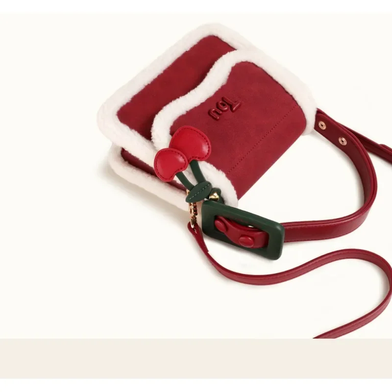 New Fashion Splicing Plush Handheld Shoulder Bag Cherry Square Christmas Bag