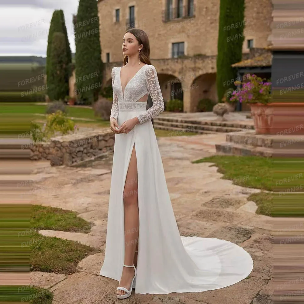 

Vintage Chiffon Wedding Dresses Woman's Sexy Long Sleeve Appliques Side High Split V Neck Bride Gowns Formal Vestidos De Novias