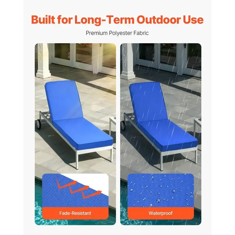 Chaise Lounge Cushion, 72 x 21 x 3 in, Outdoor Lounge Chair Cushions, Waterproof & Fade-Resistant, Sun Lounger Replacement Cushions with Ties, Patio Lounger Pads for Pool Deck Lawn, Blue view 4