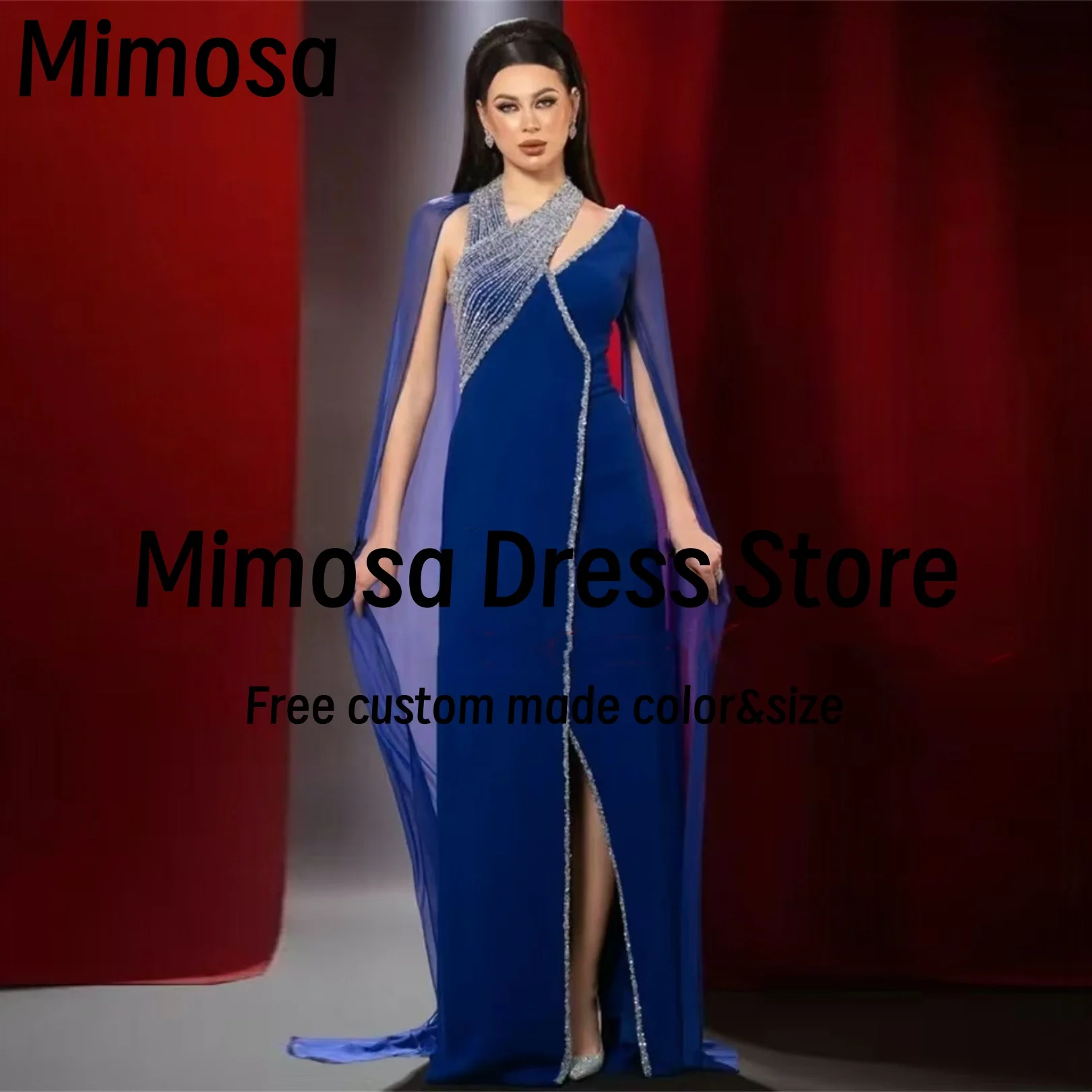 

Mimosa Vestidos Пром платья с бретелькой на шее и бисером Вечернее платье на заказ с длинным рукавом и боковым разрезом Robes De Soirée по индивидуальному заказу