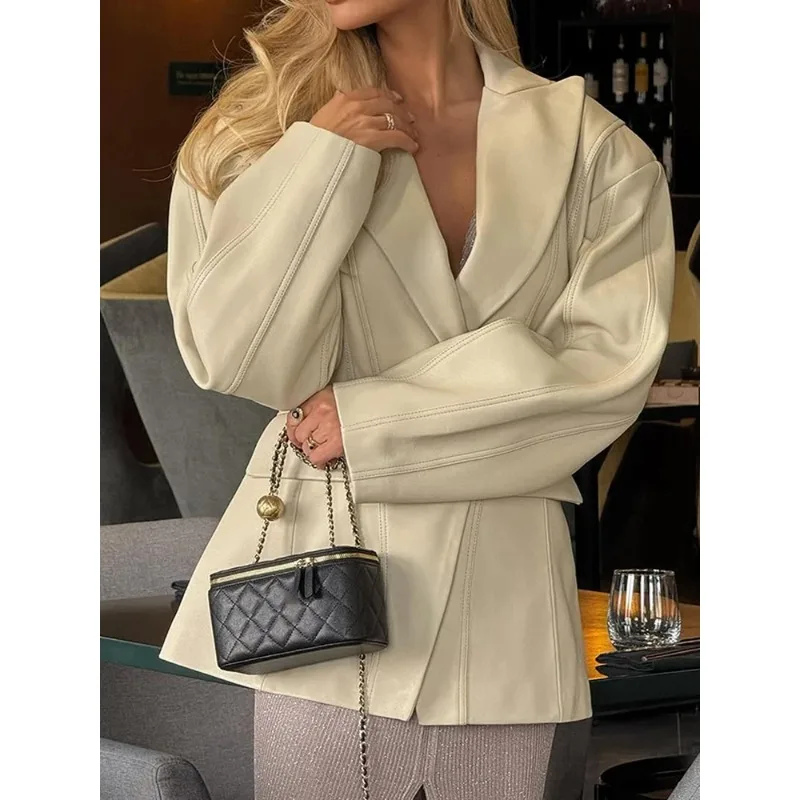 Elegant Women Solid One Button Jacket Fashion Lapel Loose Full Sleeves High Waisted Coat Autumn Chic Lady Street Commute Outwear