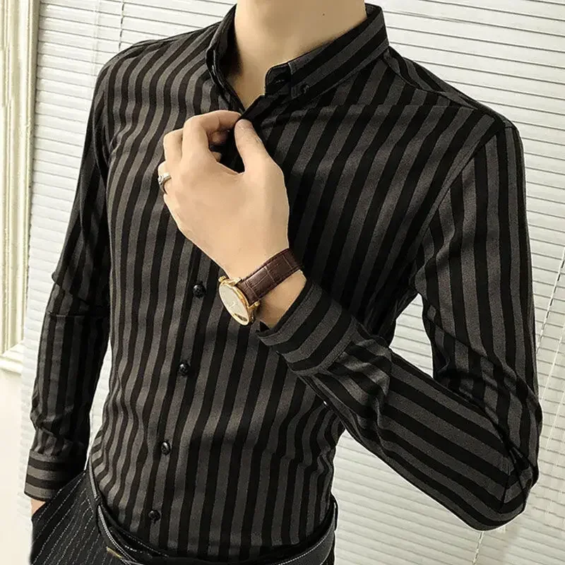 

Fashion Lapel Printed Button Loose Striped Shirts Men's Clothing Spring Autumn Oversized Casual Tops All-match Korean Shirt