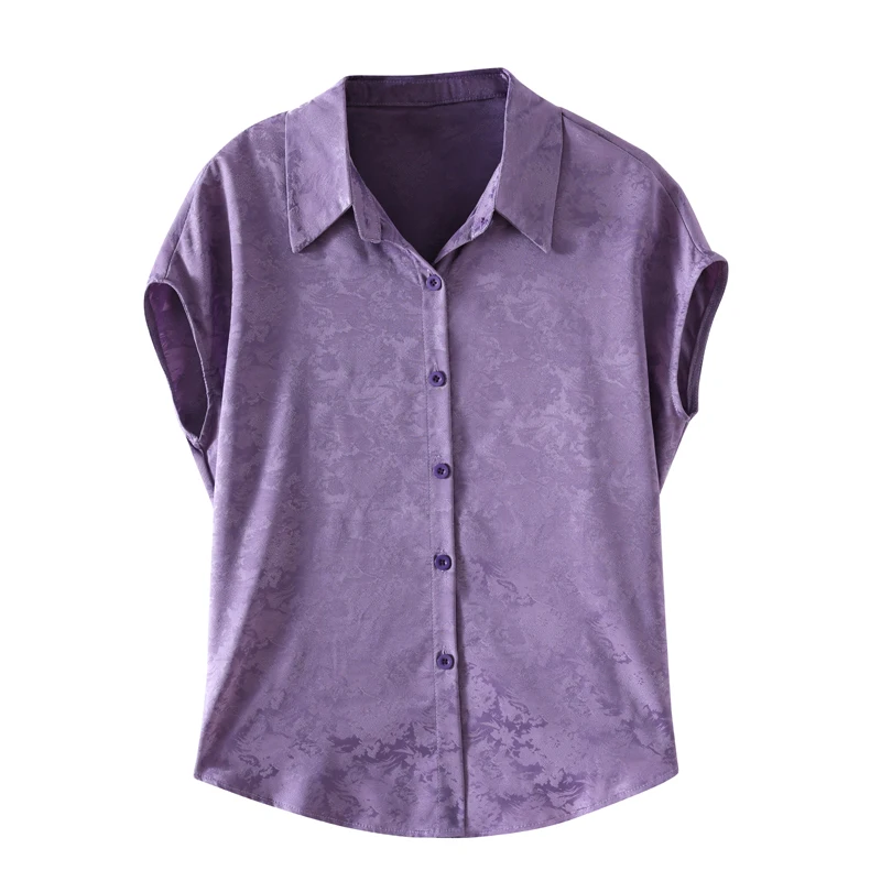2025 Summer New Women's Shirt Blue Satin Jacquard Flying Sleeve Blouse Luxury Women's Clothing OL Single Breasted Women's Shirts