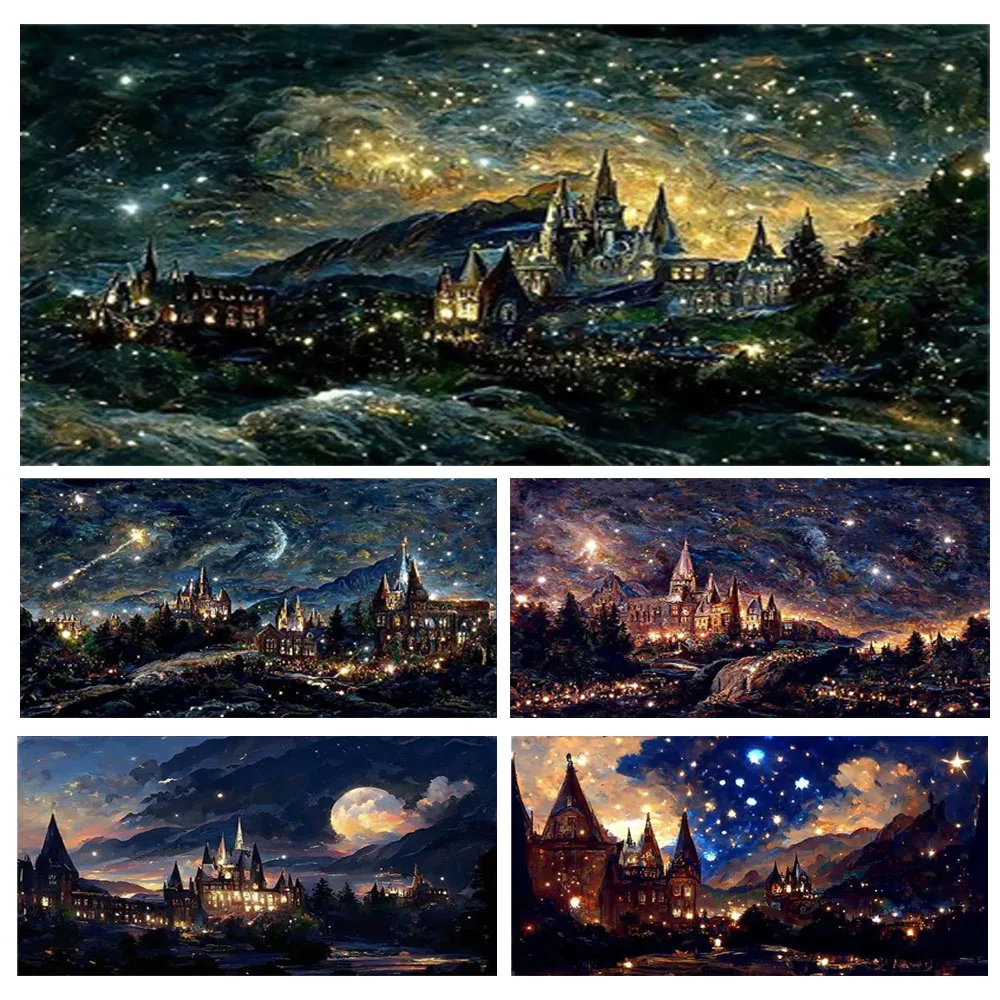 5D-Diamant-Malerei-Set zum Selbermachen, schöne Landschaftsschloss, voller Bohrer, quadratisch, rund, Diamant-Kunst, handgefertigt, magischer verträumter Sternenhimmel