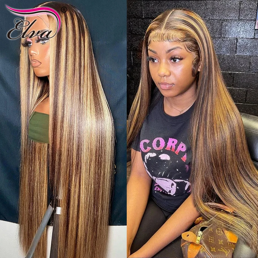 

250 Density Highlight Honey Brown Straight Lace Front Human Hair Wig 13x6 Ombre Colored Straight Lace Frontal Wigs For Women