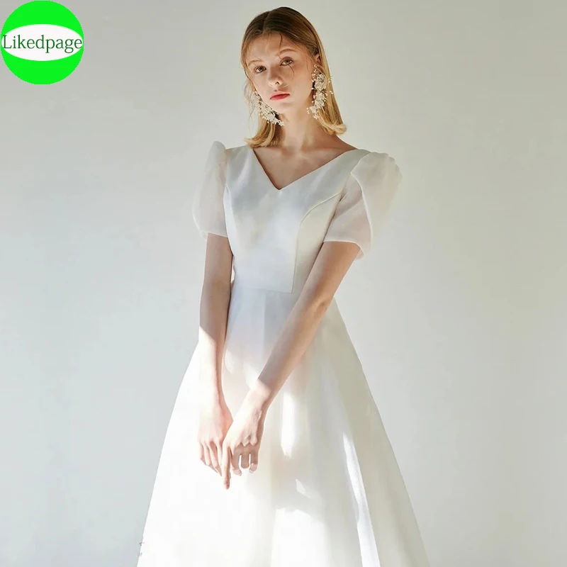 

A-line Satin Wedding Dress V-Neck Sheer Back Short-Sleeve Plus Size For Women Princess Robe de Mariee