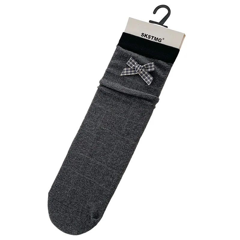 Women Mid Calf Socks Autumn Winter Ins Korean Style Bow Gray Coffee Striped Slouch Socks Versatile Long Hosiery for Ladies Daily view 6