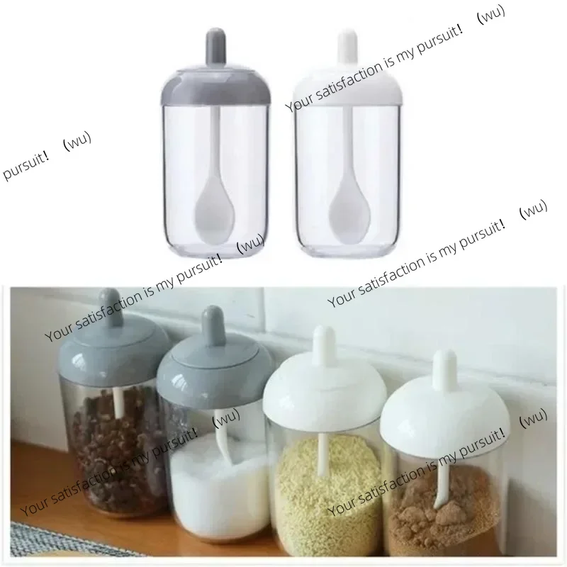 Tarro de especias redondo con tapa, cuchara, botella condimento, caja sellado, organizador cocina