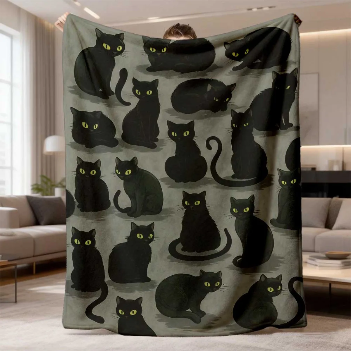 Various Pose Black Cats Pattern Flannel Blanket Lightweight Warm Plush Throw Blanket Cute Black Kitten Art Decor Blanket