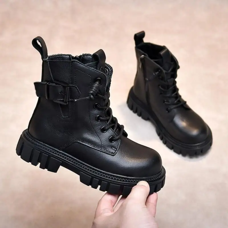 

Kawaii Casual Keep Warm Shoe Fashion Children Shoes Boots 2025 Autumn Winter New Fashion Girls Boots British Style Fleece Lined