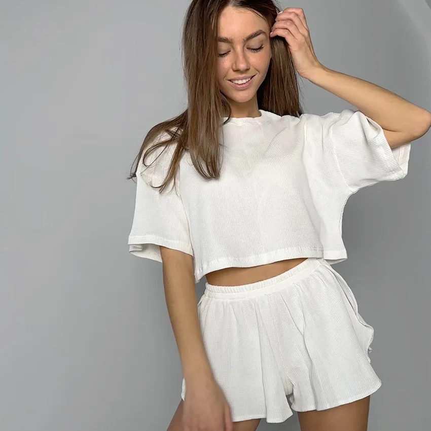 

Summer Women's Fashion Knitted Tracksuits Round Neck Short Sleeved And Shorts Pajama 2pcs Sets Casual Breathable Women Home Wear
