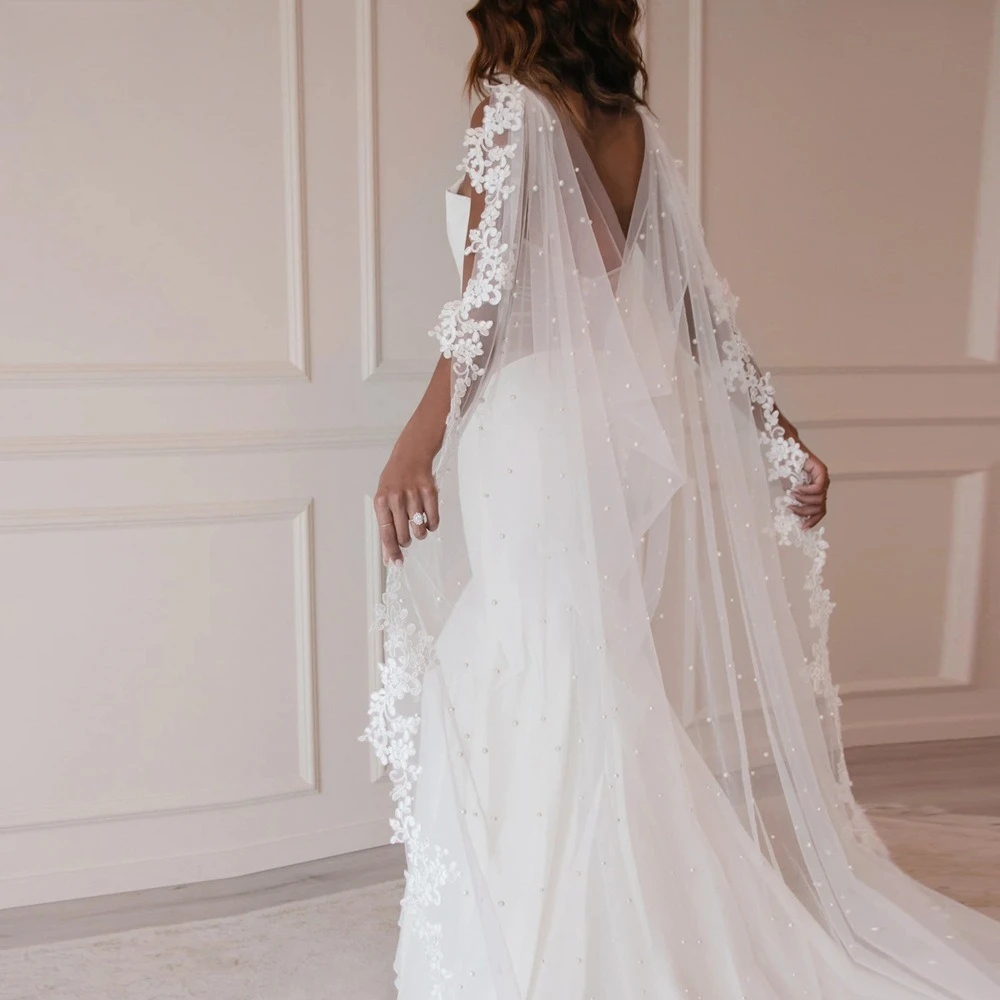 Elegant Long Wedding Shawl with Pearls Bridal Detachable Shoulder Shawls with Lace Embroidered Edge for Wedding Accessories