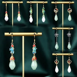 Ethnic Chinese Jade Pendant Earrings for Women Flower Shaped Gold-plated Copper Luxury Wedding Jewelry Retro Hanfu Accessories